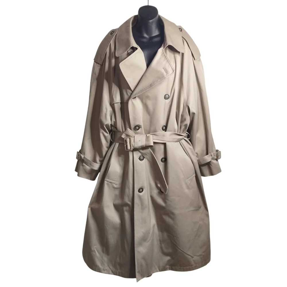 London Fog Men's Beige Double Breasted Belt Removable Liner Trench Coat Size 44